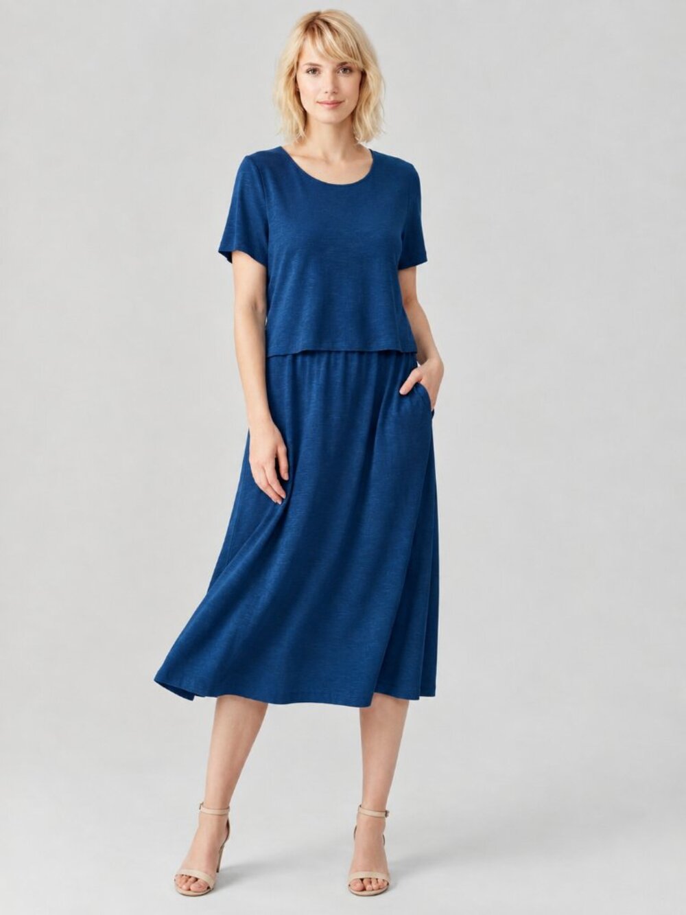 2/$30 J. Jill Layered Button Back Jersey Knit Dress Seaside Blue Large #A4703